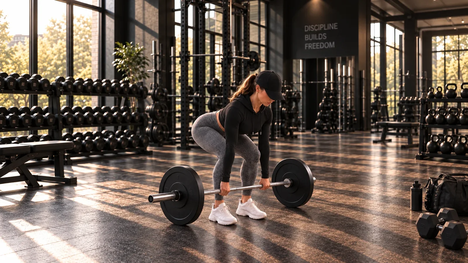 Woman at the bottom of a conventional barbell deadlift, bar on the floor, hips and knees bent, back flat.