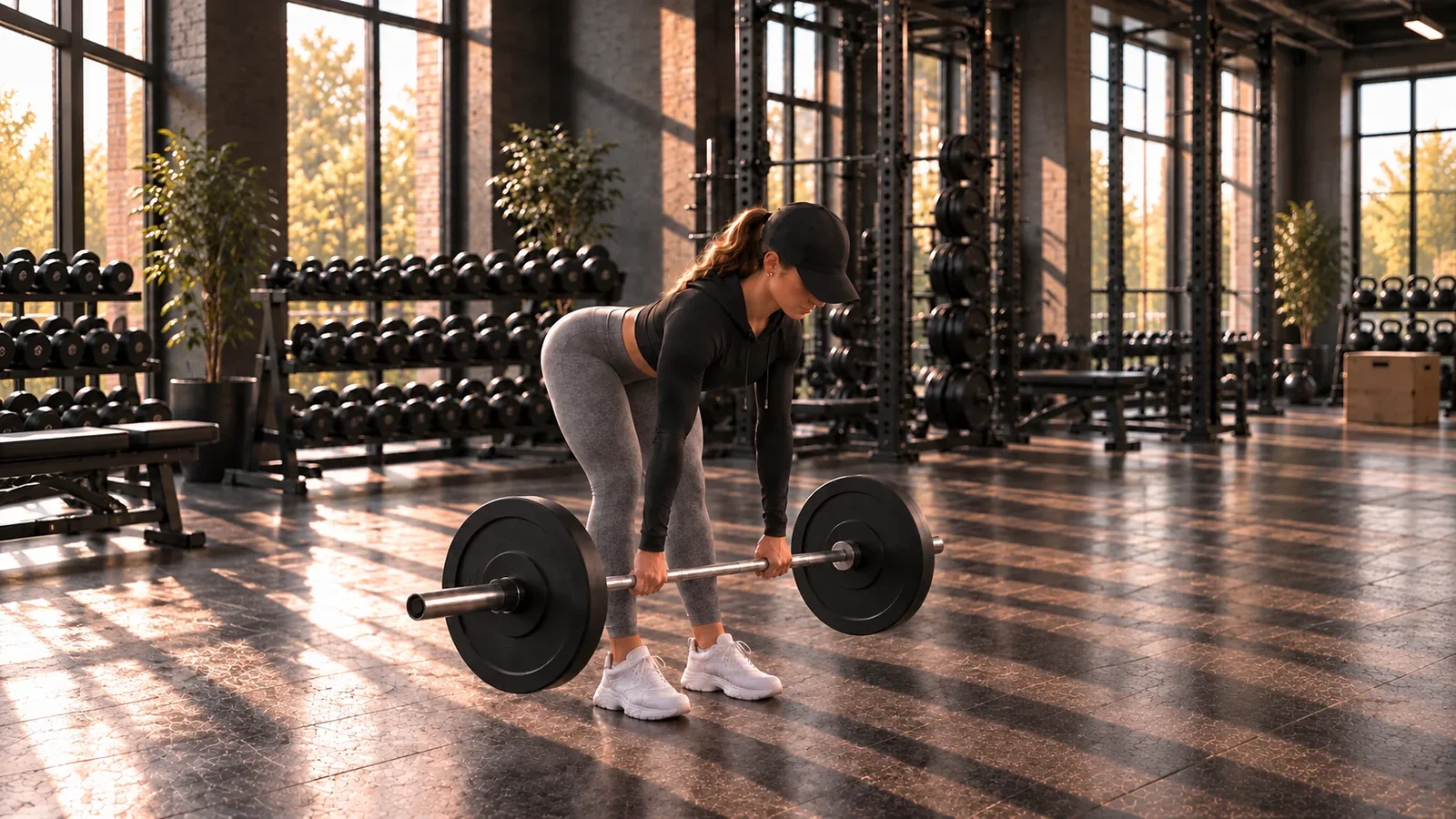 Woman at the bottom of a stiff-leg deadlift, legs nearly straight, bar lowered to mid-shin, torso tipped well forward, back flat.