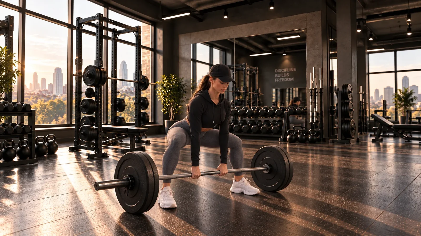 Woman at the bottom of a sumo deadlift, wide stance with toes turned out, hands inside her knees, torso more upright, back flat.