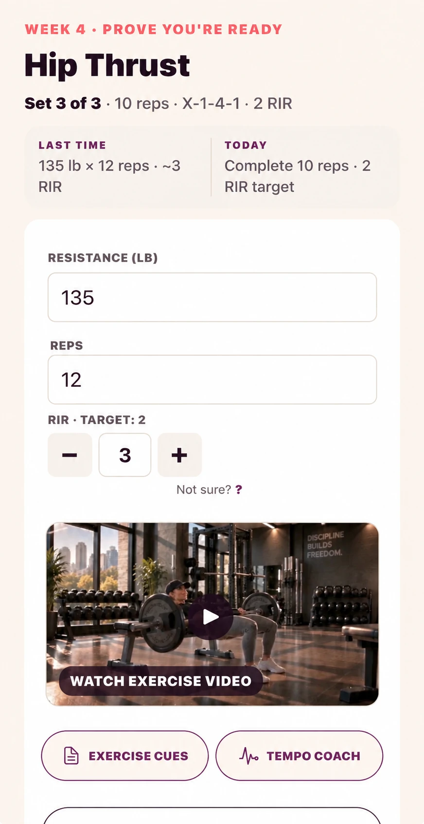 App preview: Hip Thrust set logging with resistance, reps and RIR