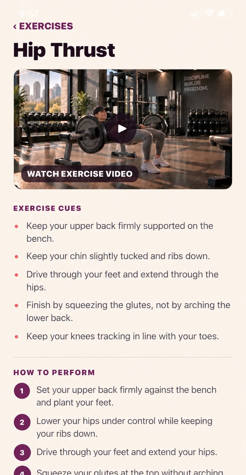 App preview: Hip Thrust exercise screen with video, cues and how to perform