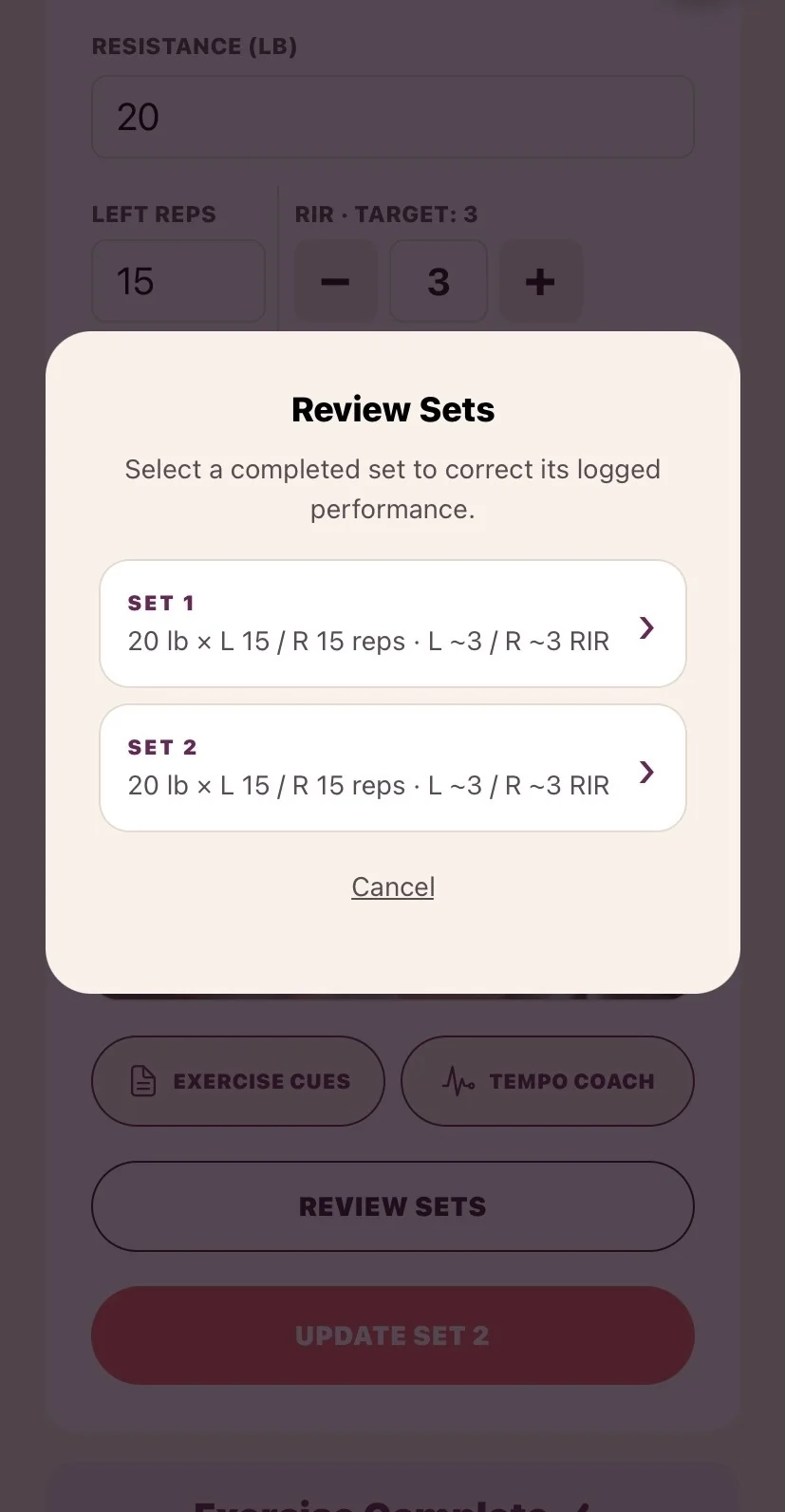 Review Sets showing logged reps and RIR across two sets