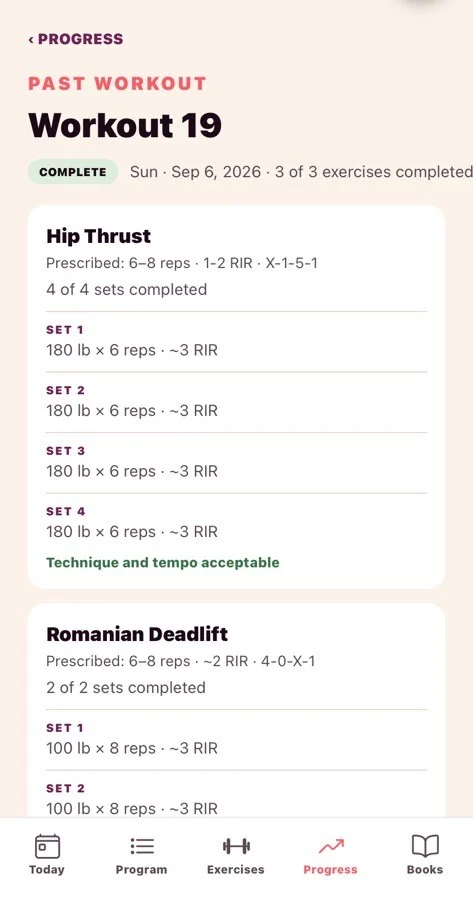 Workout history showing completed exercises and logged sets