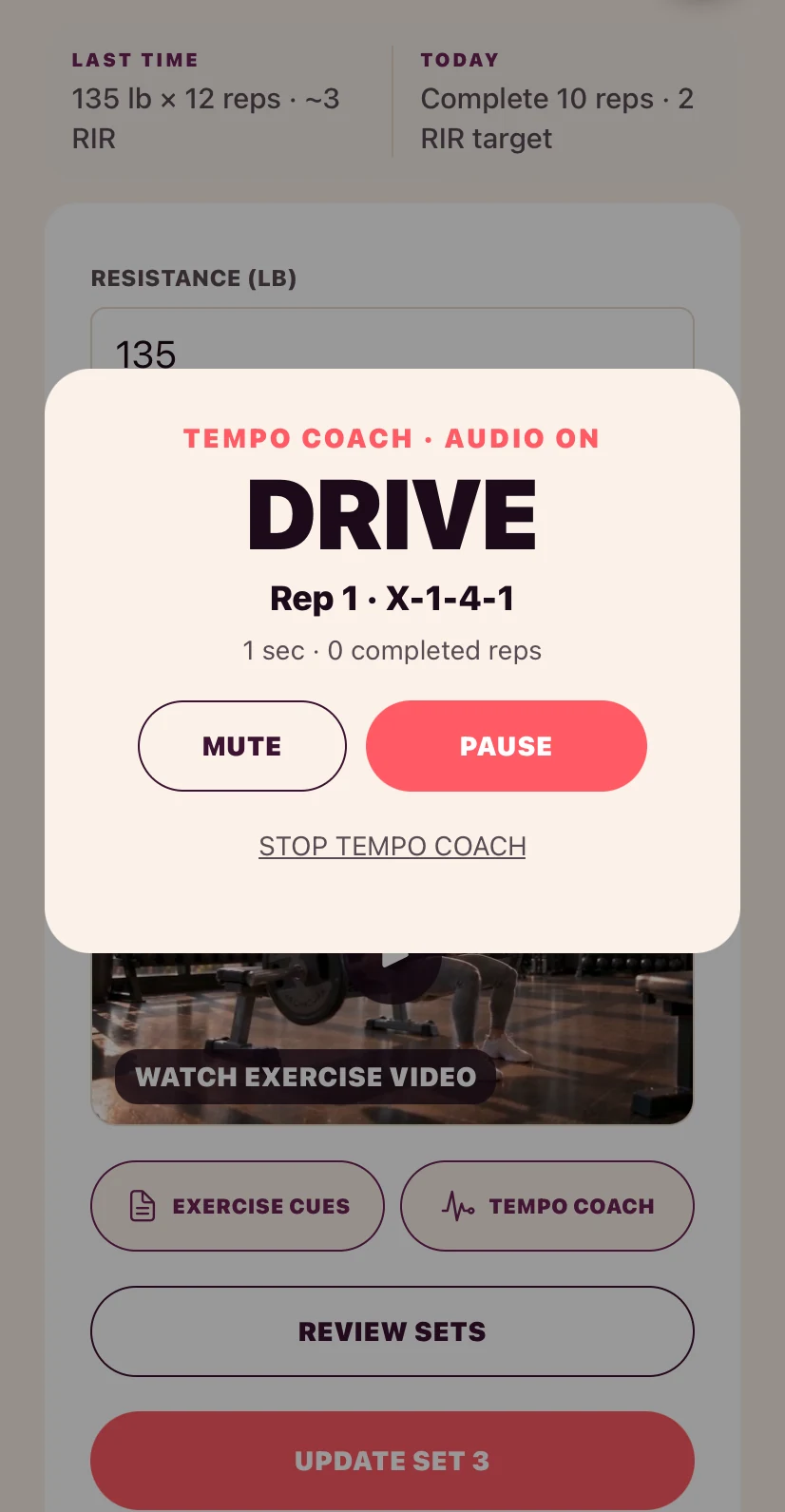 Tempo Coach running a set, calling the drive phase and counting the rep